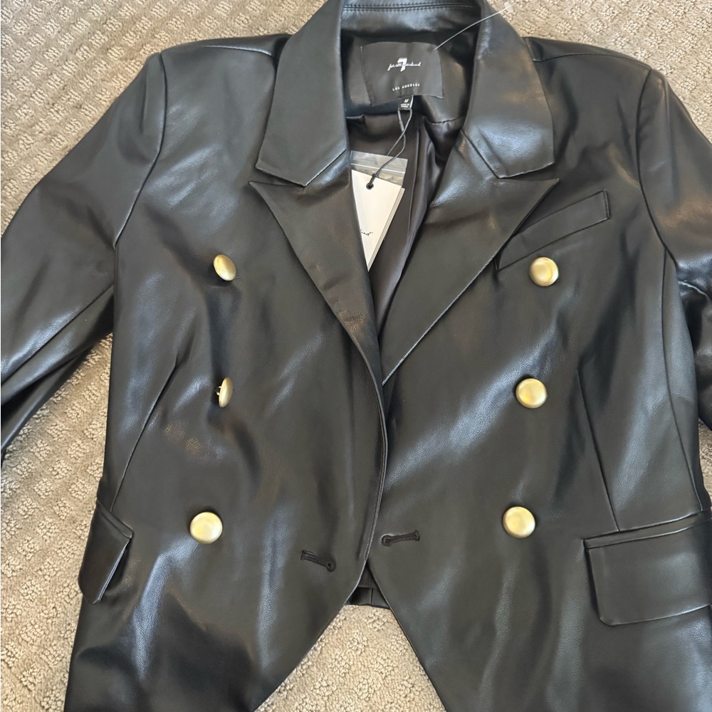 Faux Leather Double-Breasted Black Blazer Jacket